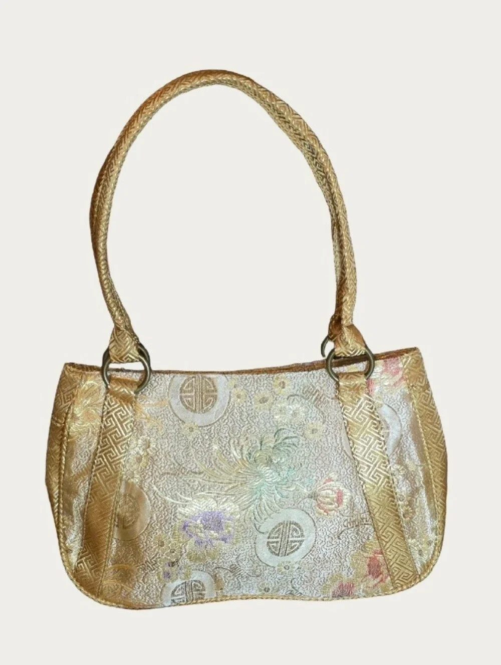 Vintage Yazinu Floral Metallic Brocade Silk Obi Style Asian Motif Shoulder Bag